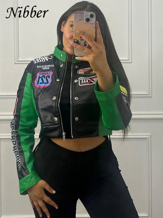 Nibber Hipster Patchwork Jacket Women Y2K Letter Print Hipster Uniform Street Single-Breasted Hipster Autumn Trend Zip Coats