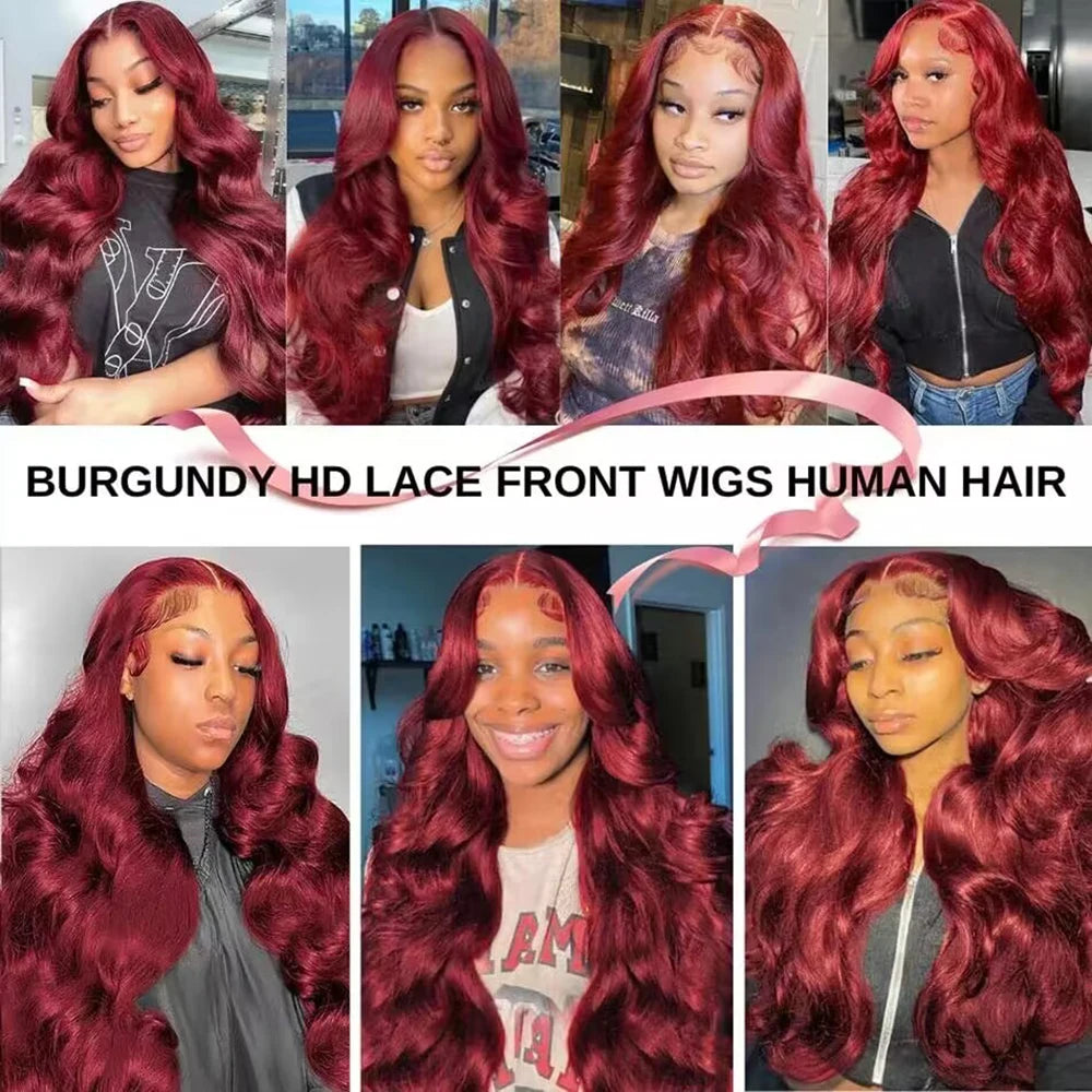 99j burgundy 13x6 Lace Front Human Hair 200 Density Body Wave 13x4 30 36 Inch Red Colored Lace Frontal Wigs Brazilian For Women