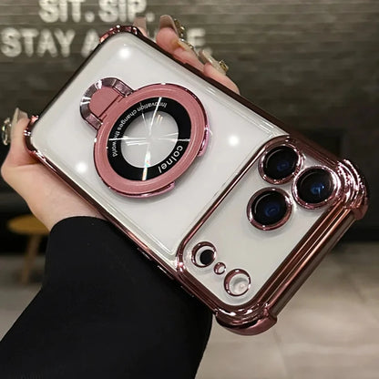 For Magsafe Wireless Charging Case For iPhone 17 Pro Max Air 14 15 Plus 13 12 16 Pro Transparent Plating Ring Holder Phone Cover