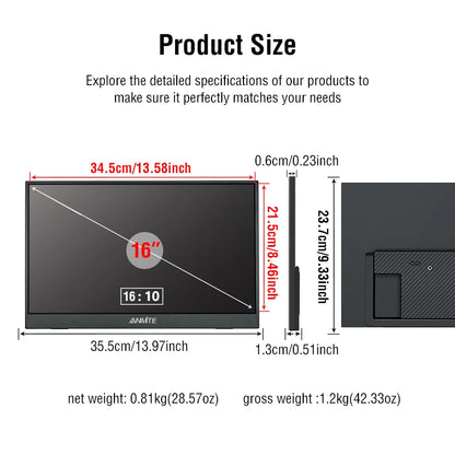 Anmite 16-Inch Portable Touch Monitor Non-touch optional 1200P HDR 16:10 For XBox PS4 / 5 Switch Cell Phone PC Loptop Extension