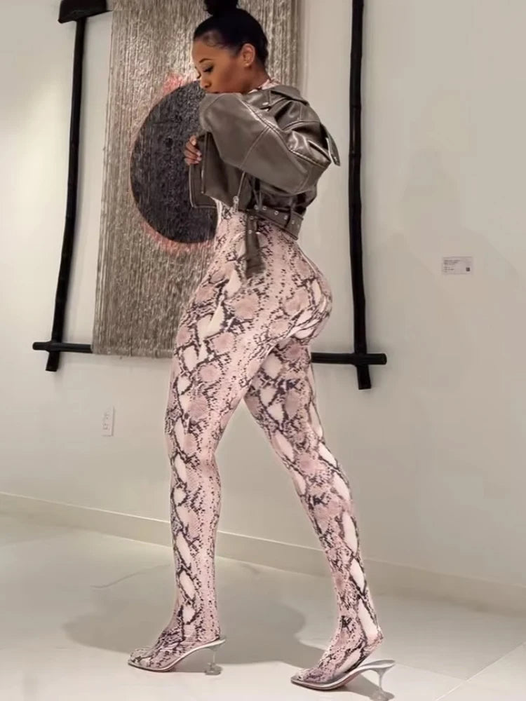 Weird Puss Sexy Snake Print Foot Jumpsuit Women Zip Spring Trend O-Neck Full Sleeve Stretch Street Clubwear Workout Overalls