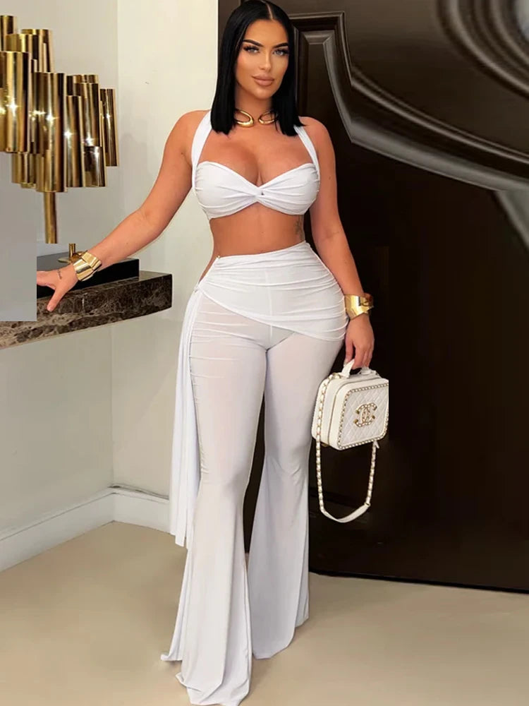 Beyprern New Chic Twist Front Crop Top And Long Straps Wide Legs Pants Set Womens Ruched Metal Tracksuits Set Night Out Overalls