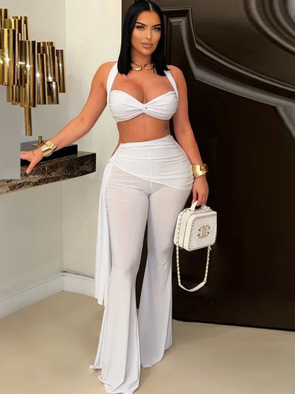 Beyprern New Chic Twist Front Crop Top And Long Straps Wide Legs Pants Set Womens Ruched Metal Tracksuits Set Night Out Overalls