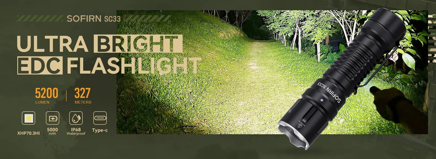 Sofirn SC33 XHP70.3 HI LED Flashlight Tactical 5200lm Powerful 21700 USB C Rechargeable Torch with Tail E-switch Outdoor Light
