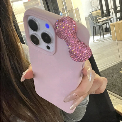 Luxury Rhinestone Bow Litchi Pattern Leather Shockproof Phone Case For iPhone 16 15 14 13 12 11 17 Pro Max X XS 7 Plus Soft Case