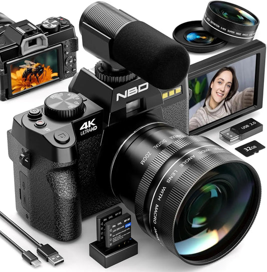 NBD 4K Digital Cameras for Photography,48MP Camera,Travel Vlogging Cameras with 16X Digital Zoom,180°Flip Screen,52mm Macro Lens