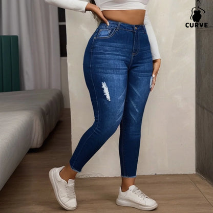 Plus-Size Women's High-Waisted Skinny Stretch Denim Jeans Distressed with Frayed Hem, Perfect for Everyday Casual Outfits