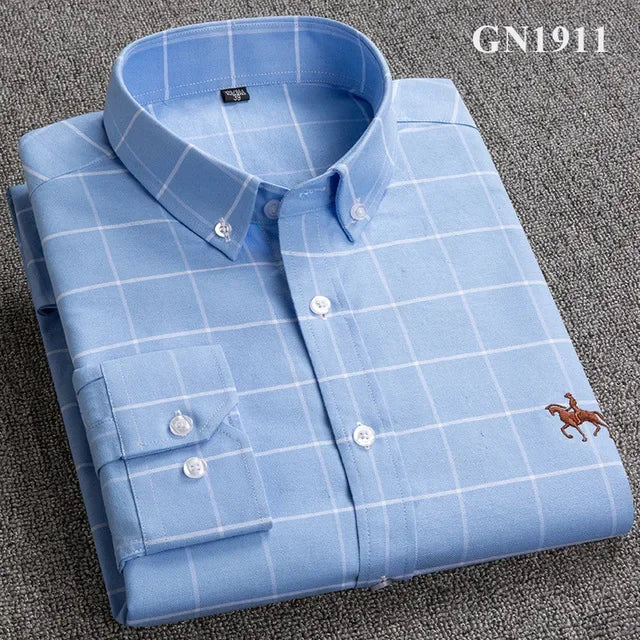 Casual Pure Cotton Oxford Mens Shirts Long Sleeve Embroidery Horse Design Regular Fit Fashion Button Man White Dress Shirt