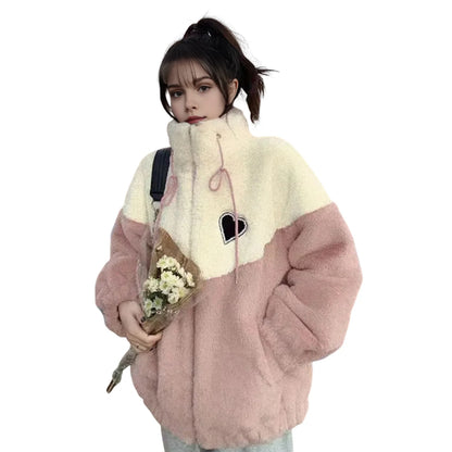 Winter Women Coat Thick Plush Stand Collar Zipper Closure Velvet Jacket Colorblock Long Sleeves Pockets Cardigan Outerwear