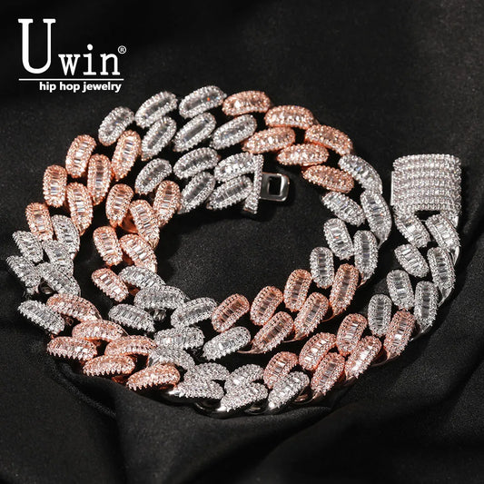 Uwin 15mm Baguette Cuabn Chain Prong Setting 2 Colors Miami Choker Iced Out Chain Bling CZ Necklace Hiphop Jewelry