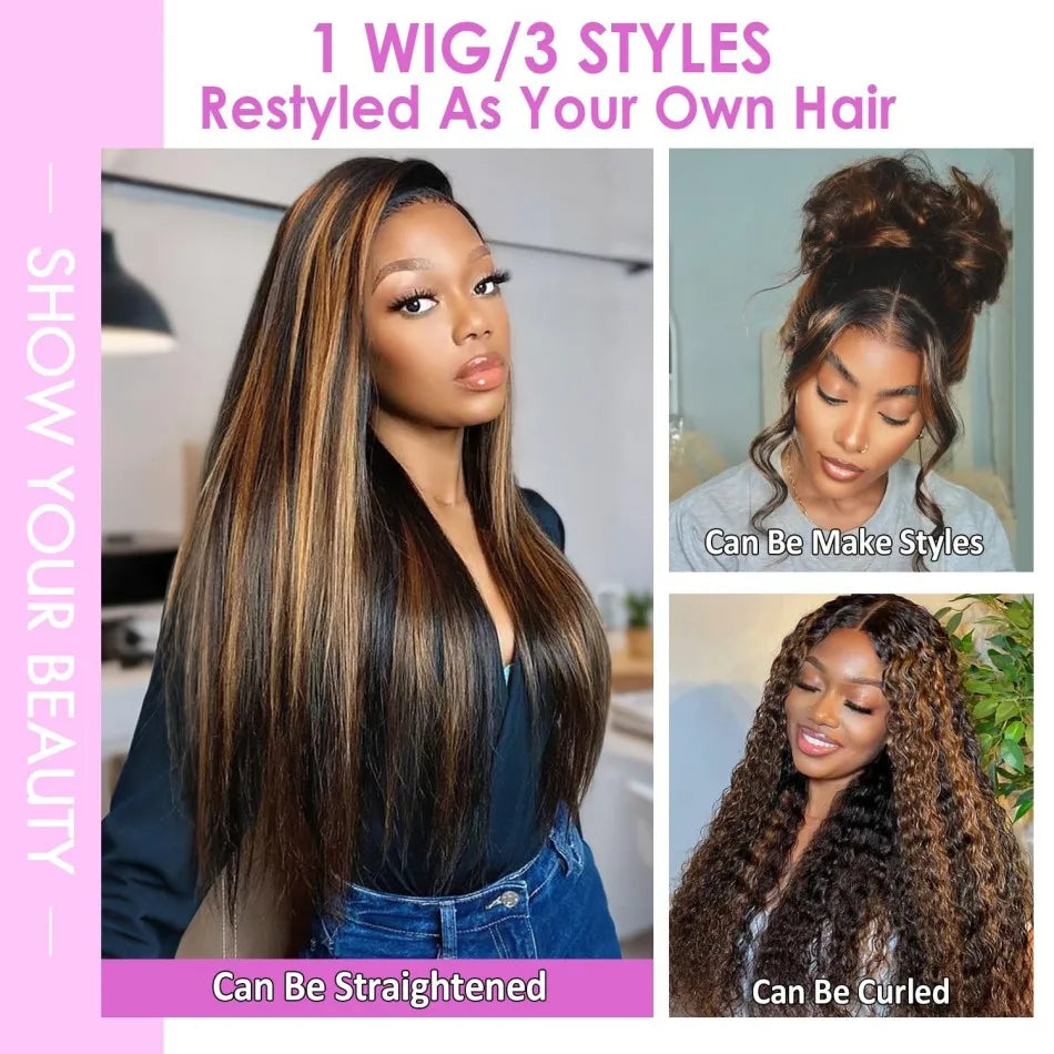 Highlight Ombre Lace Front Wigs Human Hair Body Wave Lace Front Pre Plucked 13x6 1B/30 Brown Highlight Wig 220 Density For Women