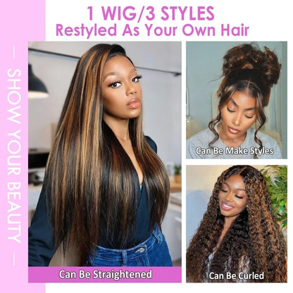 Highlight Ombre Lace Front Wigs Human Hair Body Wave Lace Front Pre Plucked 13x6 1B/30 Brown Highlight Wig 220 Density For Women