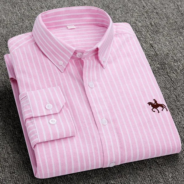 Casual Pure Cotton Oxford Mens Shirts Long Sleeve Embroidery Horse Design Regular Fit Fashion Button Man White Dress Shirt