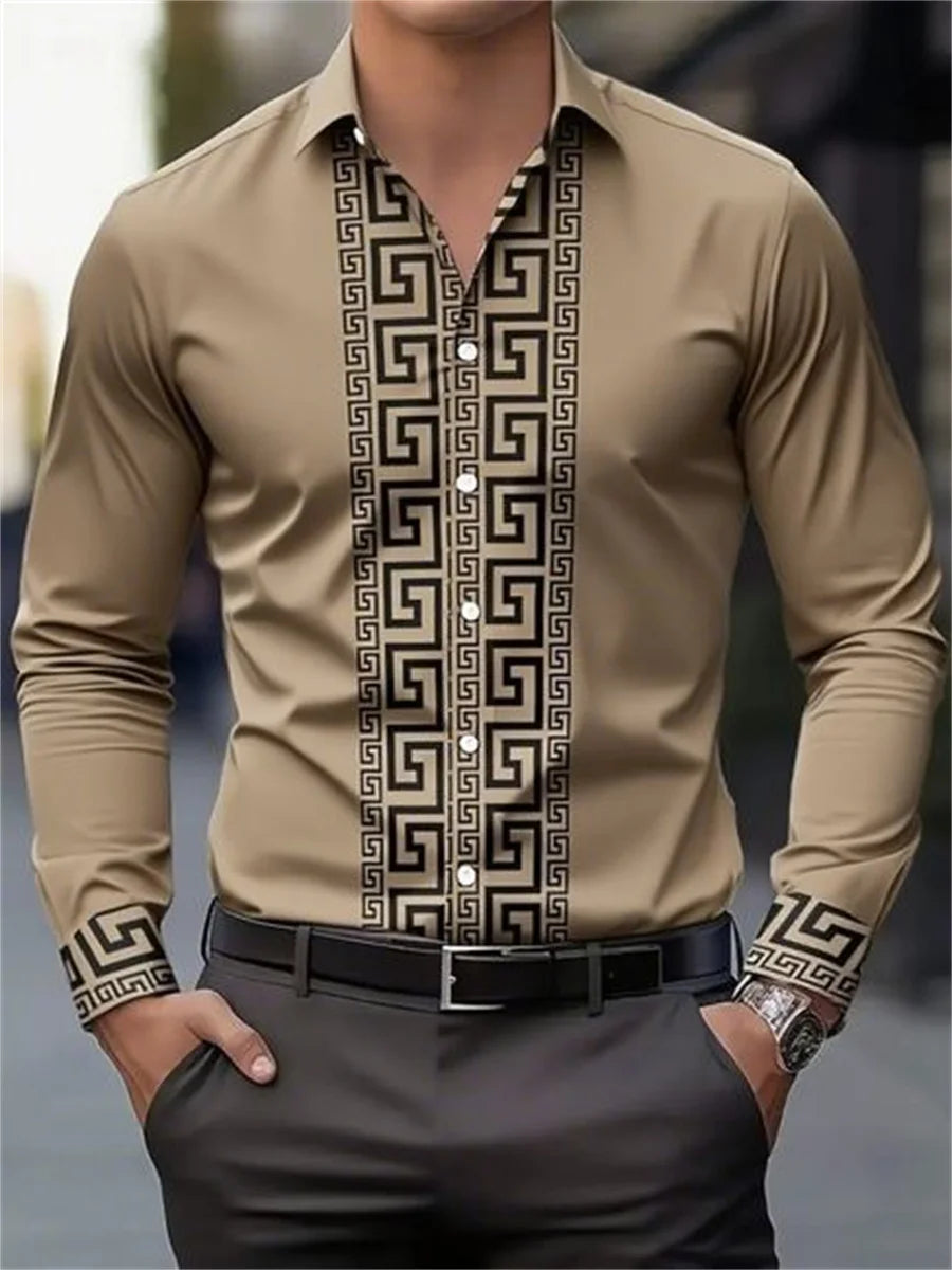 Men's long-sleeved shirt with pattern design, fashionable lapel button-down top, versatile, casual and comfortable men's top