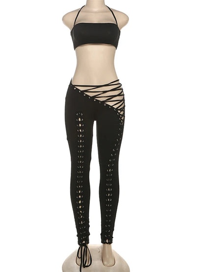 Beyprern Womens Halter Neck Crop Top And Eyelet Lace-Up Leggings Suits Set 2 Piece Outfits Sexy Workout Overalls Night Clubwear