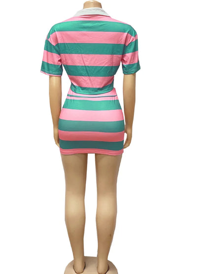 Beyprern Stylish Green Blue Striped Polo Skirt Set Two-Piece Dress For Women Short Sleeve Striped Tracksuits Set Night Clubwear