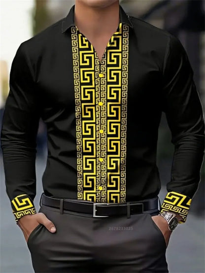 Men's long-sleeved shirt with pattern design, fashionable lapel button-down top, versatile, casual and comfortable men's top