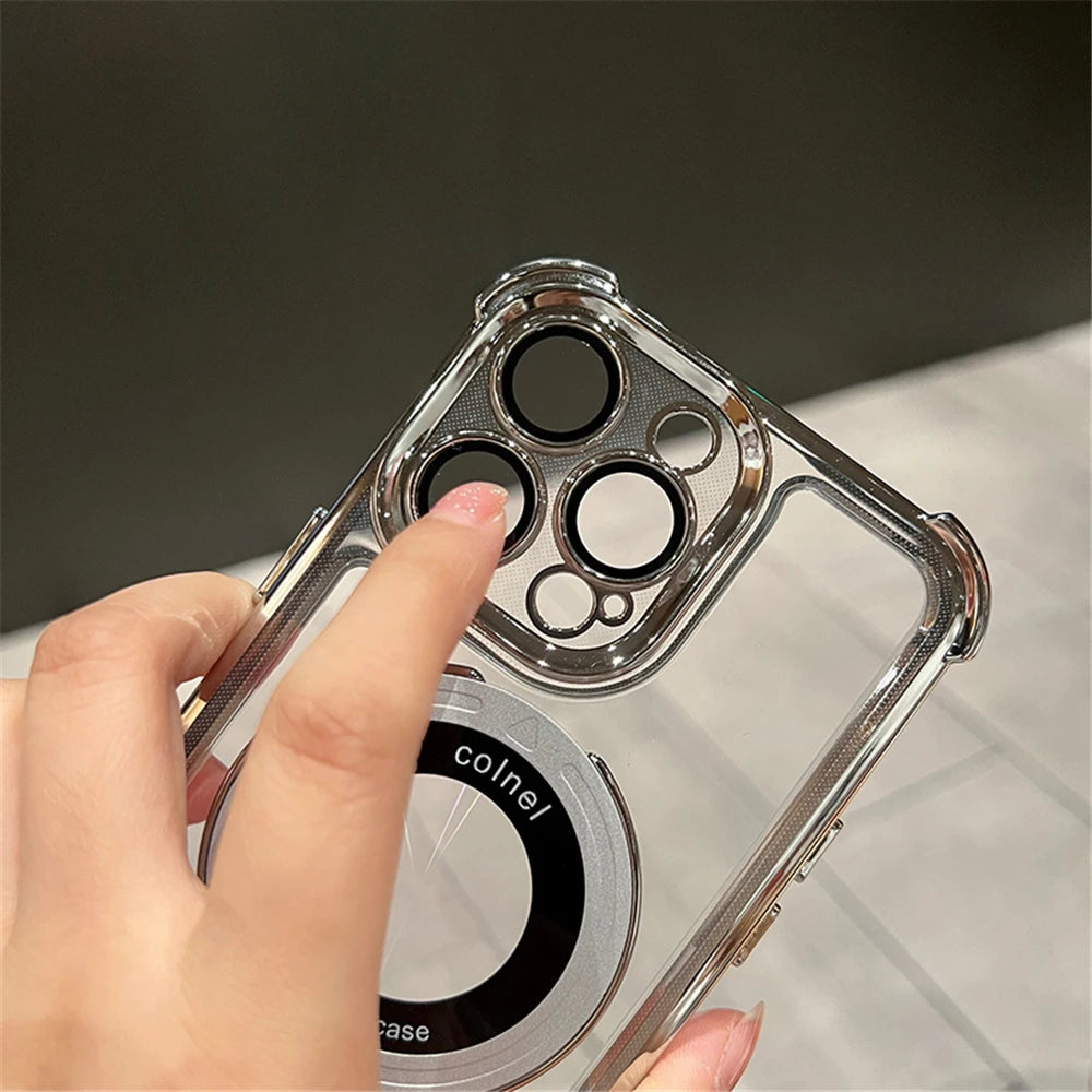 For Magsafe Wireless Charging Case For iPhone 17 Pro Max Air 14 15 Plus 13 12 16 Pro Transparent Plating Ring Holder Phone Cover
