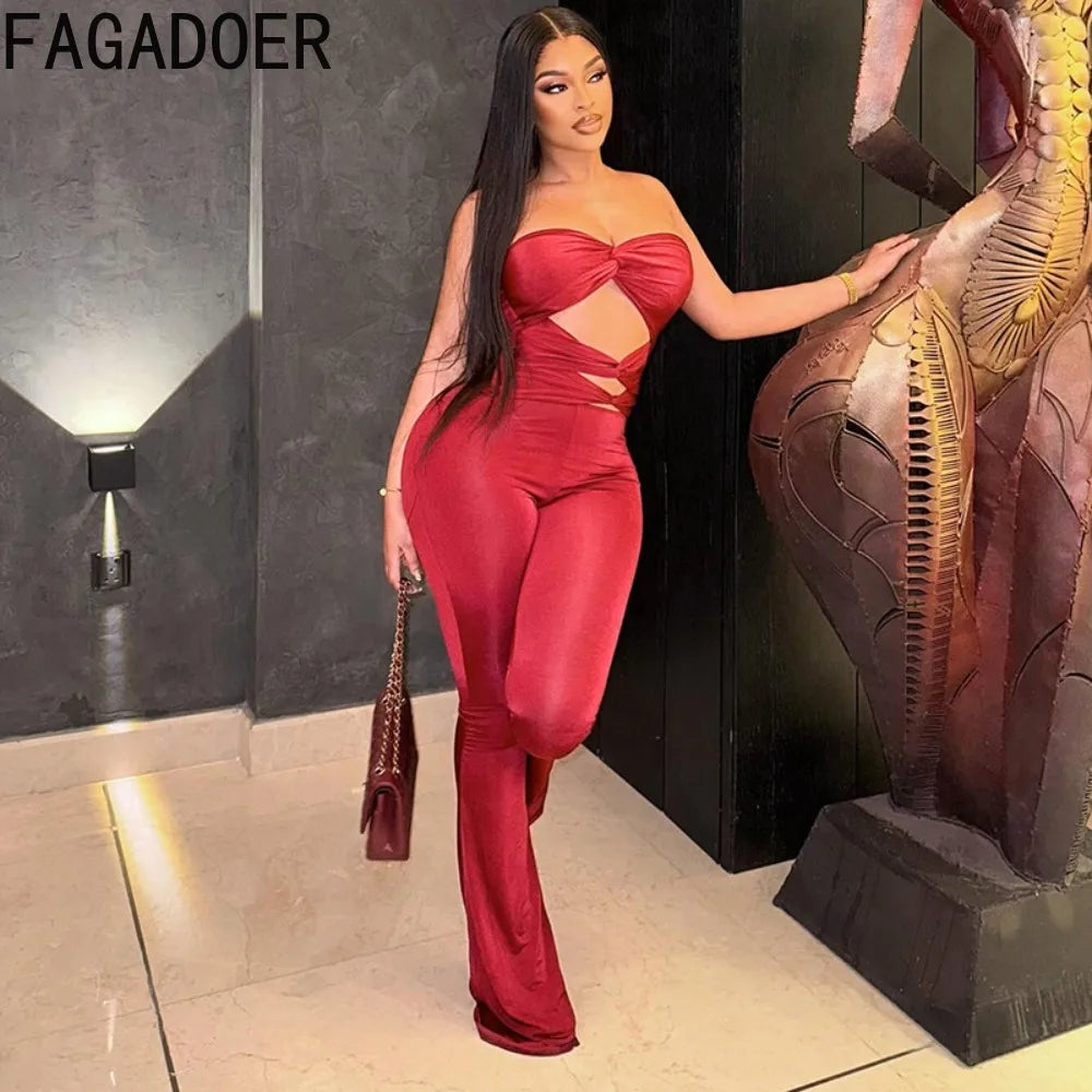 FAGADOER Spring New Sexy Hollow-out Bodycon Jumpsuits Woman Solid Color Sleeveless Backless Rompers Female Streetwear Overalls