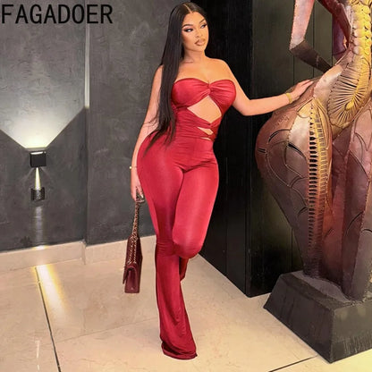 FAGADOER Spring New Sexy Hollow-out Bodycon Jumpsuits Woman Solid Color Sleeveless Backless Rompers Female Streetwear Overalls