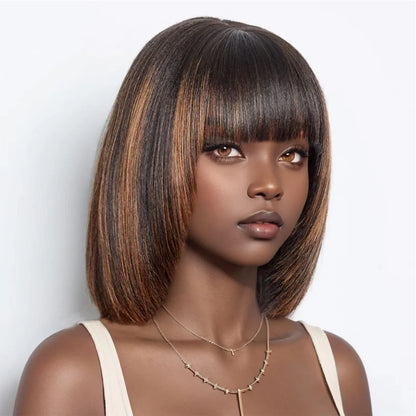 4/27 Highlight Bob Wigs Straight Lace Front Wig Human Hair Ombre Frontal Bob Wig Human Hair gluelss wear to go Ombre Brown Wig 1