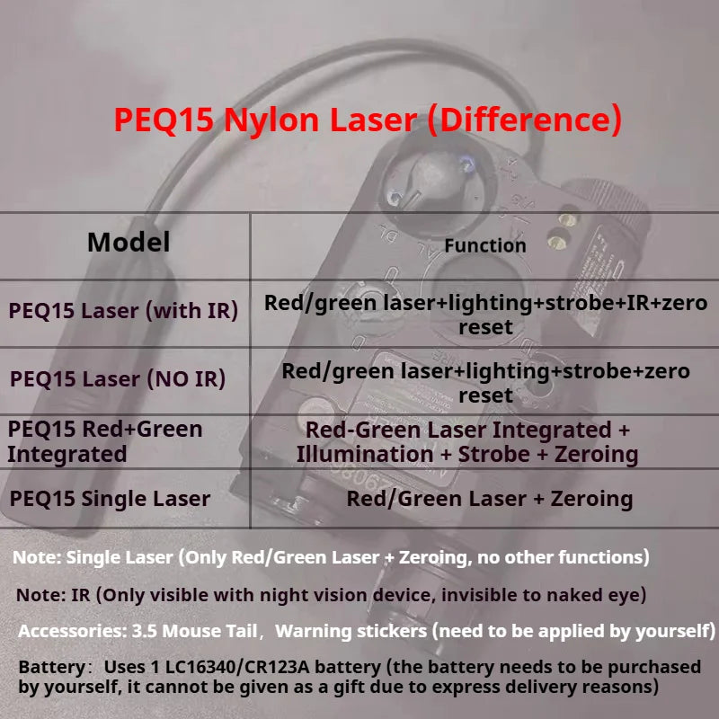 Tactical Airsoft PEQ-15 PEQ15 LA5C Red Dot Green Blue IR Fill Light Laser Indicator Weapon Scout Light LED Strobe Flashlight PEQ