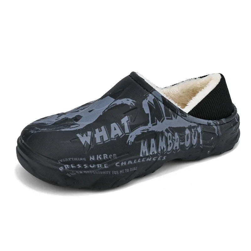 Fashion Winter Fur Slippers for Men Warm Indoor Cotton Shoes Waterproof Outdoor Garden Shoes Slip On Clogs Half Slides Sandals