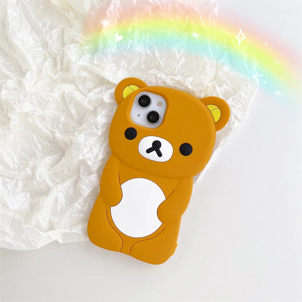 Cute Cartoon 3D Rilakkuma Phone Case For iPhone 16 15 14 13 12 11 Pro X XS Max XR 6 7 8 Plus 4 4S 5 5S SE Soft Silicone Cover