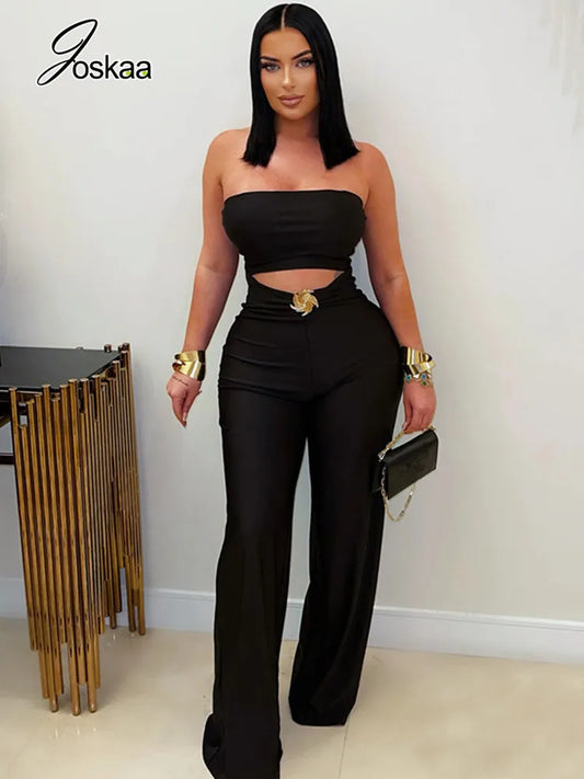 Joskaa 2025 Autumn Sexy Strapless Black Jumpsuit Women Hipster Hollow Ruched Metallic Decoration Skinny Rompers Party Clubwear
