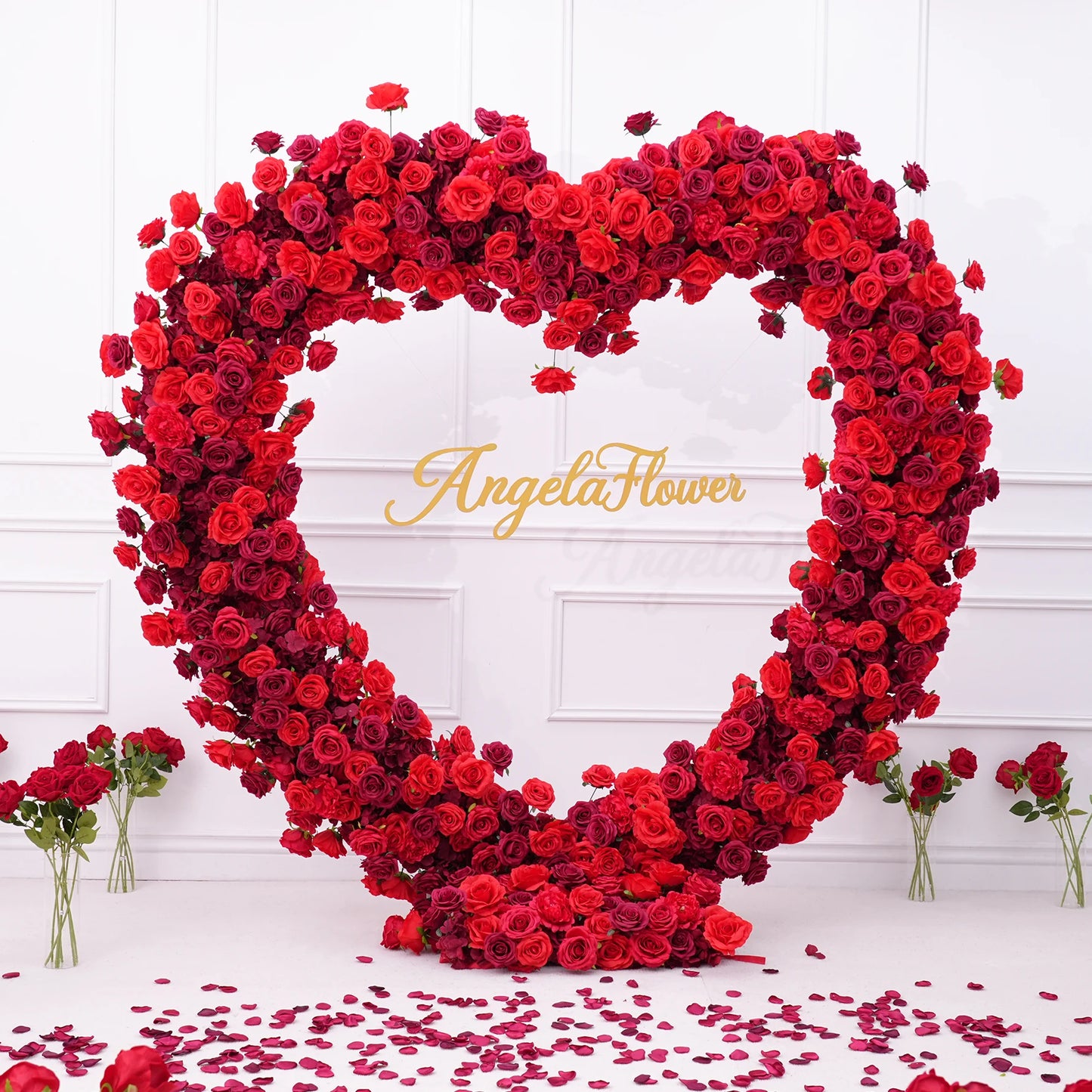 Luxury Red Rose Floral Arrangement Cloth Base Heart-Shaped Frame Arch Wedding Backdrop Decor Window Display Props A8869