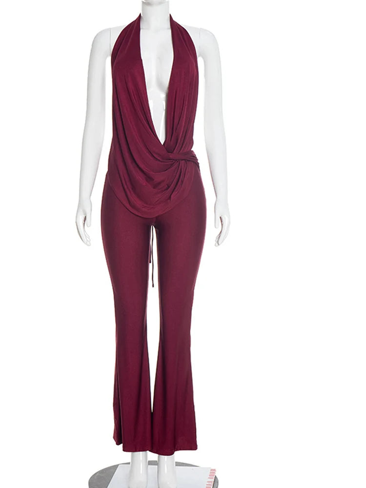 Beyprern Elegant Deep V Neck Halter Jumpsuit Women Sexy Backless Drape Bodycon Rompers Flare Pants Clubwear One Piece Outfits