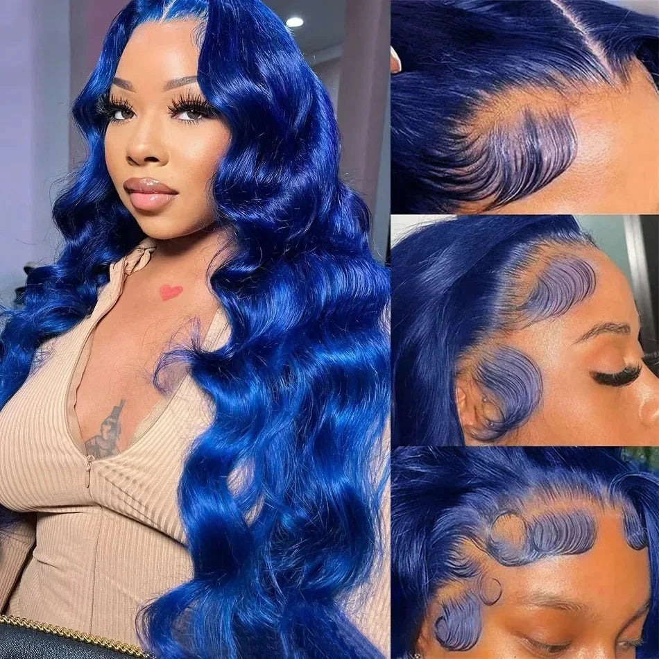 Dark Blue 13x6 HD Lace Front Human Hair Wigs For Women Pre Plucked Blue Body Wave Transparent Lace Frontal Wigs 100% Human Hair