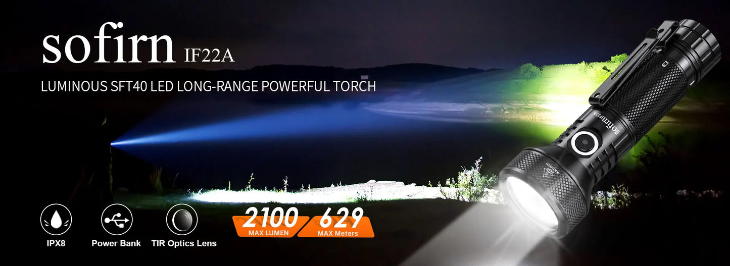 Sofirn IF22A 2100lm Flashlight 21700 Powerful Light SFT40 LED 680M Long Range USB C Rechargeable Charging  Throw Torch