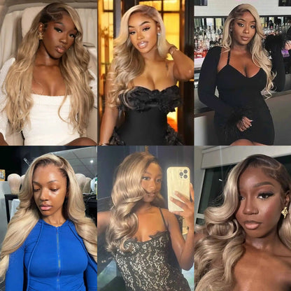180 Density Brown Roots Ash Blonde Body Wave Lace Frontal Wig 13x6 Ombre Ash Blonde Human Hair Wigs for Women