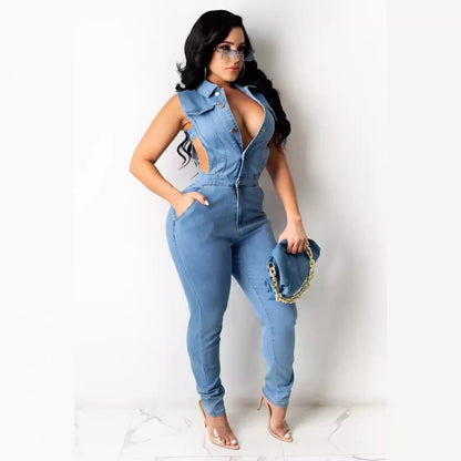 Hollow Denim Ankle Length Pants Women Overalls Spliced Washed Pencil Jeans Vintage Skinny Jean One Piece Button Sexy 2024