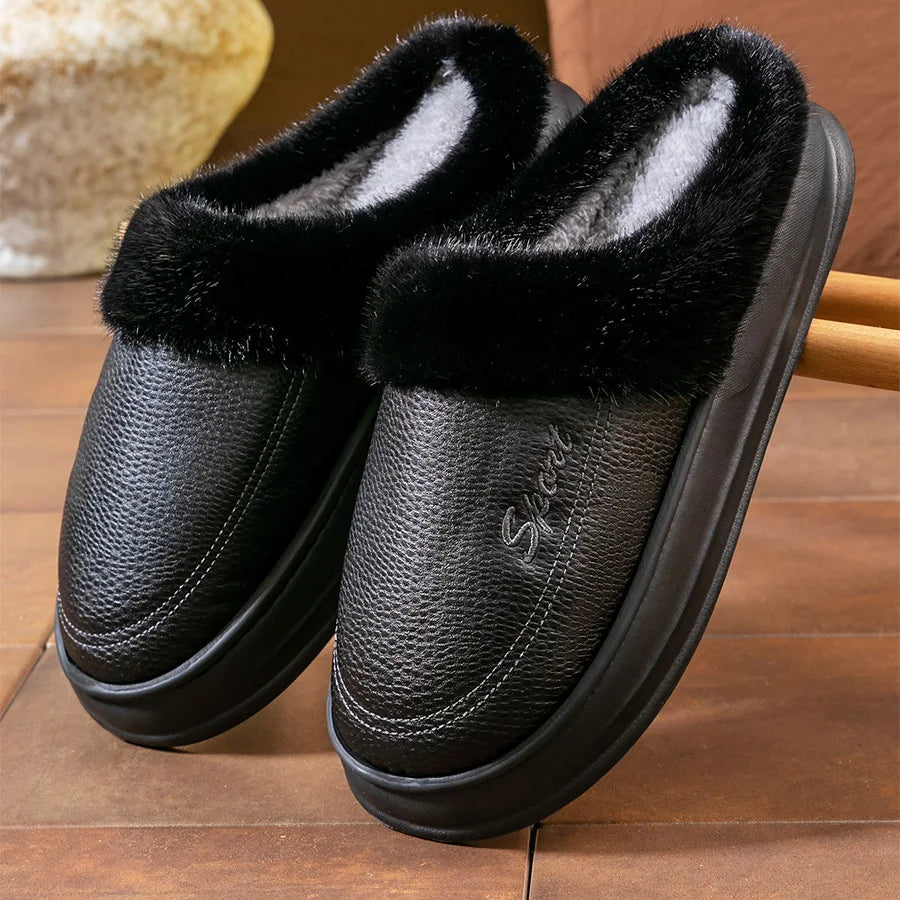 Warm Waterproof PU Slippers Men EVA Memory foam Platform Cushion Soft Comfortable Living Room Shoes High Quality