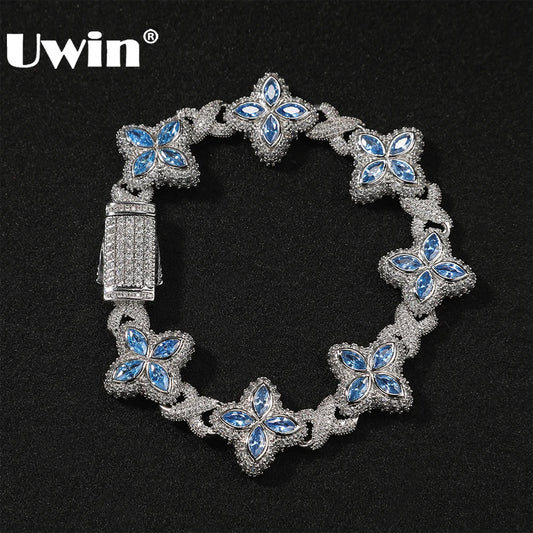 UWIN Iced Baby Blue Baguettecz Floral Infinity Bracelets for Women Men Cubic Zirconia Cuban Link Chain Anklets Fashion Jewelry