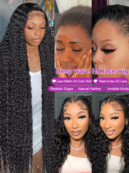 Transparent 250% Density Water Culry 360 Full Lace Frontal Wig Human Hair 40Inch Deep Wave 13x4 13x6 Hd Lace Front Wig For Women
