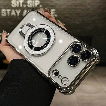 For Magsafe Wireless Charging Case For iPhone 17 Pro Max Air 14 15 Plus 13 12 16 Pro Transparent Plating Ring Holder Phone Cover