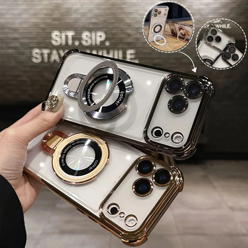 For Magsafe Wireless Charging Case For iPhone 17 Pro Max Air 14 15 Plus 13 12 16 Pro Transparent Plating Ring Holder Phone Cover