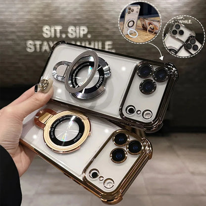 For Magsafe Wireless Charging Case For iPhone 17 Pro Max Air 14 15 Plus 13 12 16 Pro Transparent Plating Ring Holder Phone Cover