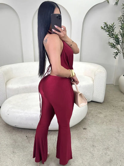 Beyprern Elegant Deep V Neck Halter Jumpsuit Women Sexy Backless Drape Bodycon Rompers Flare Pants Clubwear One Piece Outfits