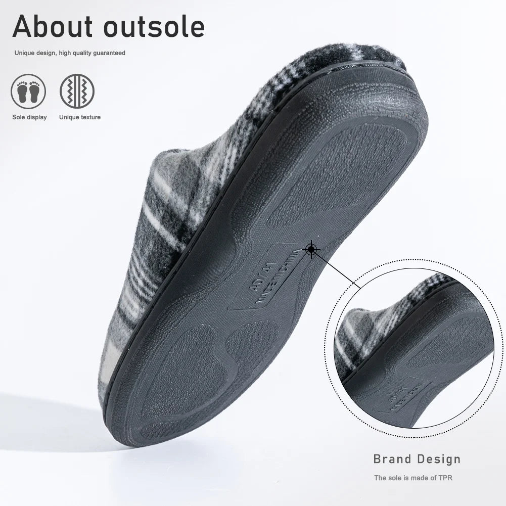 Pmoiste Soft Felt Plaid House Slippers Men Comfortable Warm Memory Foam Cushion Designer Living Room Shoes Slip-on Winter Indoor