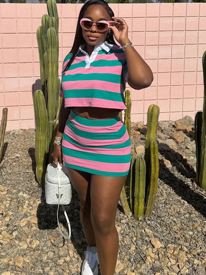 Beyprern Stylish Green Blue Striped Polo Skirt Set Two-Piece Dress For Women Short Sleeve Striped Tracksuits Set Night Clubwear