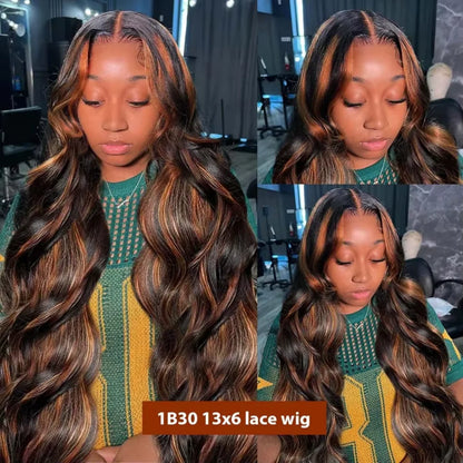 Highlight Ombre Lace Front Wigs Human Hair Body Wave Lace Front Pre Plucked 13x6 1B/30 Brown Highlight Wig 220 Density For Women