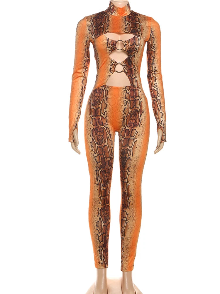 Kliou Sexy Hollow Jumpsuits Woman Serpentine Print o-Neck Full Sleeve Skinny Peach Hip Midnight Club Party Coquette Overalls