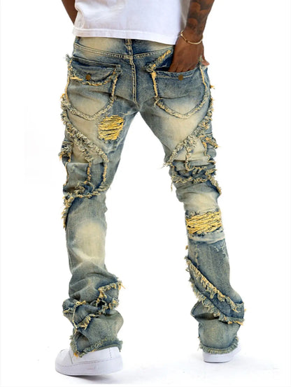 2025 New European and American men's casual jeans, street punk fashion, retro, ripped hole, slightly flared tassel elastic jeans