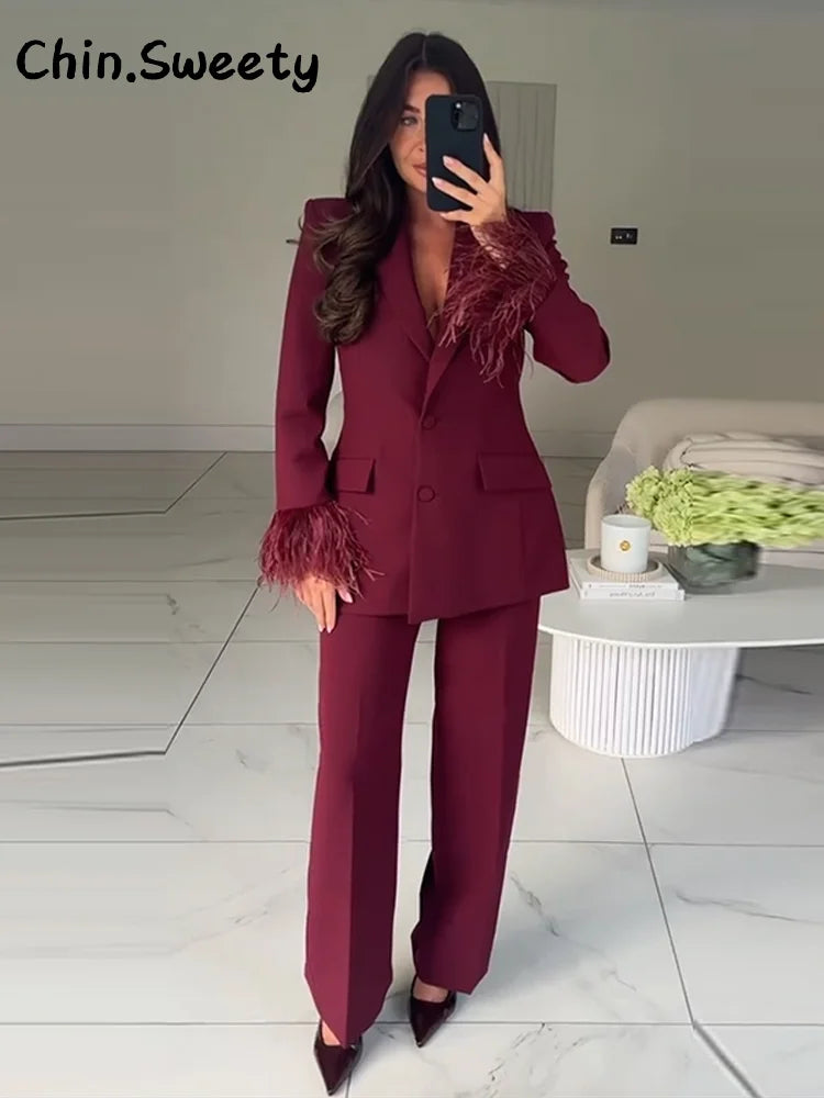 Street Women's Feather Suit Blazer Pants Set Lapel Shoulder Pads Full Sleeve Jackets Pockets Straight Pant 2025 Autumn Lady Suit
