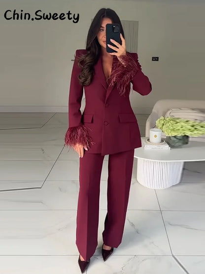 Street Women's Feather Suit Blazer Pants Set Lapel Shoulder Pads Full Sleeve Jackets Pockets Straight Pant 2025 Autumn Lady Suit