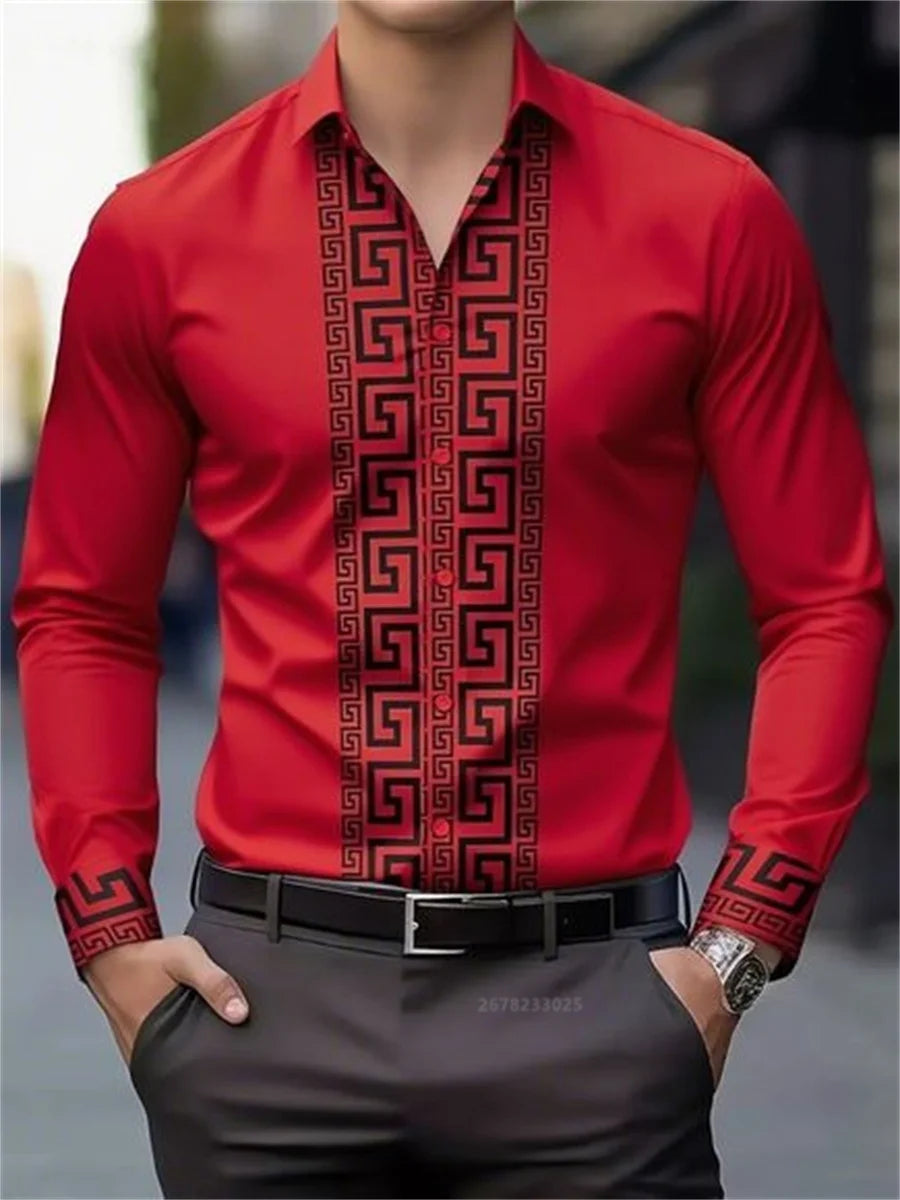 Men's long-sleeved shirt with pattern design, fashionable lapel button-down top, versatile, casual and comfortable men's top